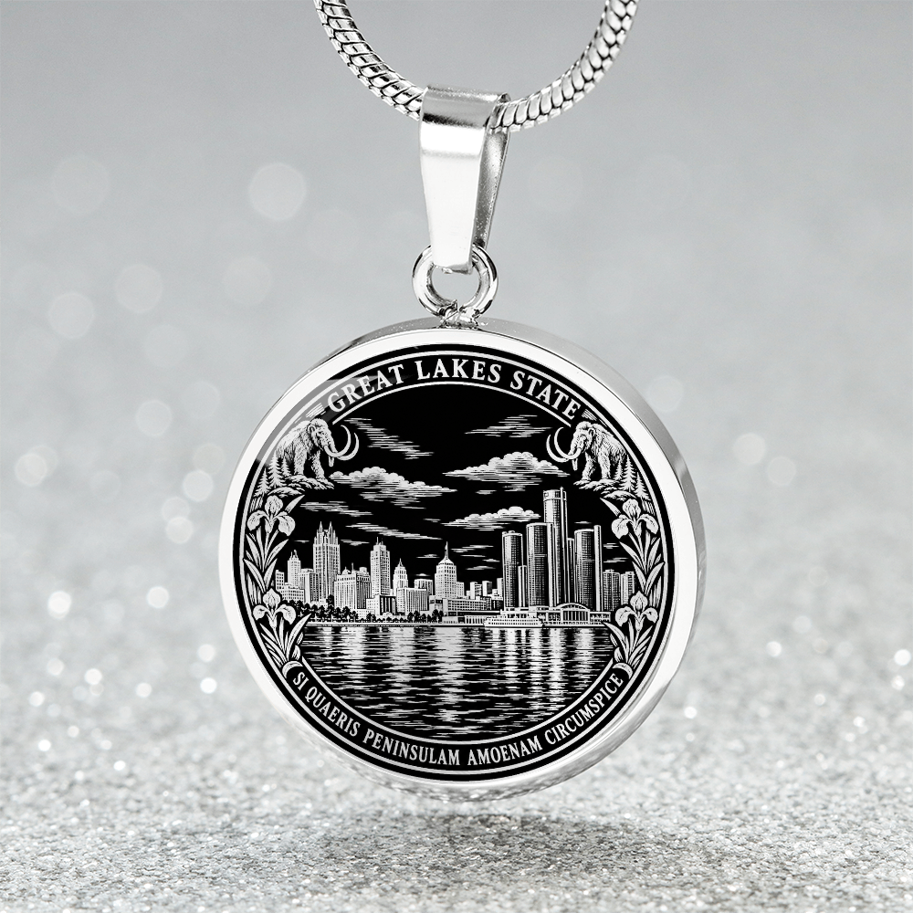 Silver Detroit skyline necklace with Renaissance Center-inspired towers, river reflections, Great Lakes State lettering and Michigan Latin motto