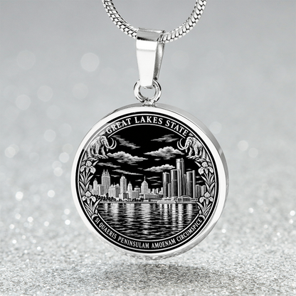 Silver Detroit skyline necklace with Renaissance Center-inspired towers, river reflections, Great Lakes State lettering and Michigan Latin motto