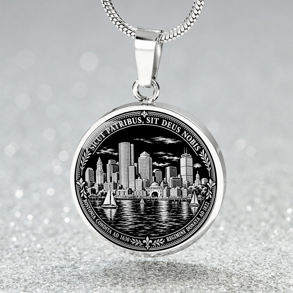 Silver Boston skyline necklace with waterfront buildings, sailing boats, historic Latin motto and ornamental circular border