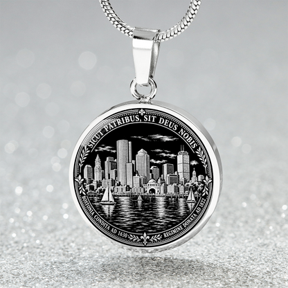 Silver Boston skyline necklace with waterfront buildings, sailing boats, historic Latin motto and ornamental circular border