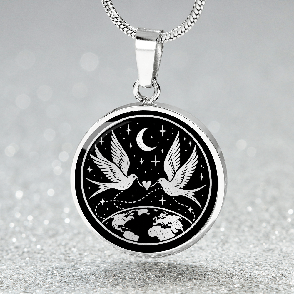 Round dove pendant necklace featuring two birds flying toward a heart under the stars