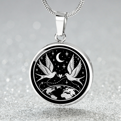Round dove pendant necklace featuring two birds flying toward a heart under the stars