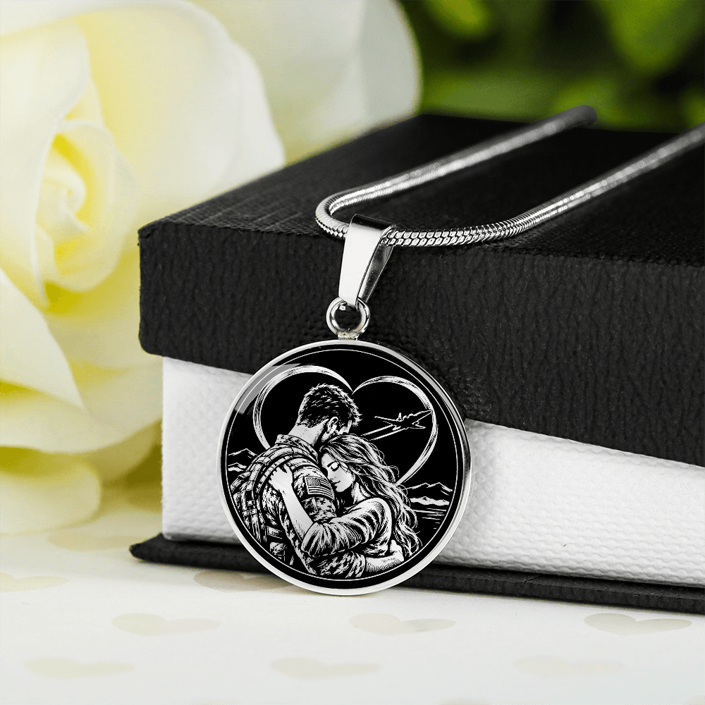 Close-up of military couple embrace pendant showing woman's flowing hair, arms around her partner and woodcut-inspired linework.