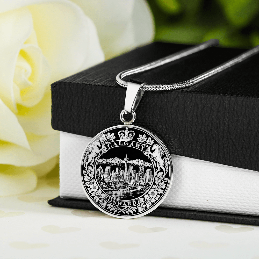Silver Calgary skyline necklace with Calgary Tower, Rocky Mountains, rearing horses, maple leaves and Onward motto