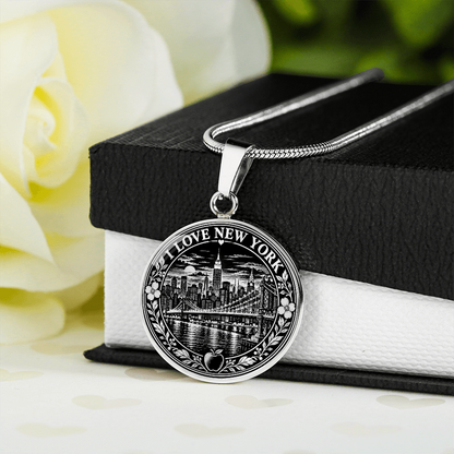 Silver New York City necklace with black and white linocut Manhattan skyline, Brooklyn Bridge, flowers and I Love New York lettering with black and white gift box.