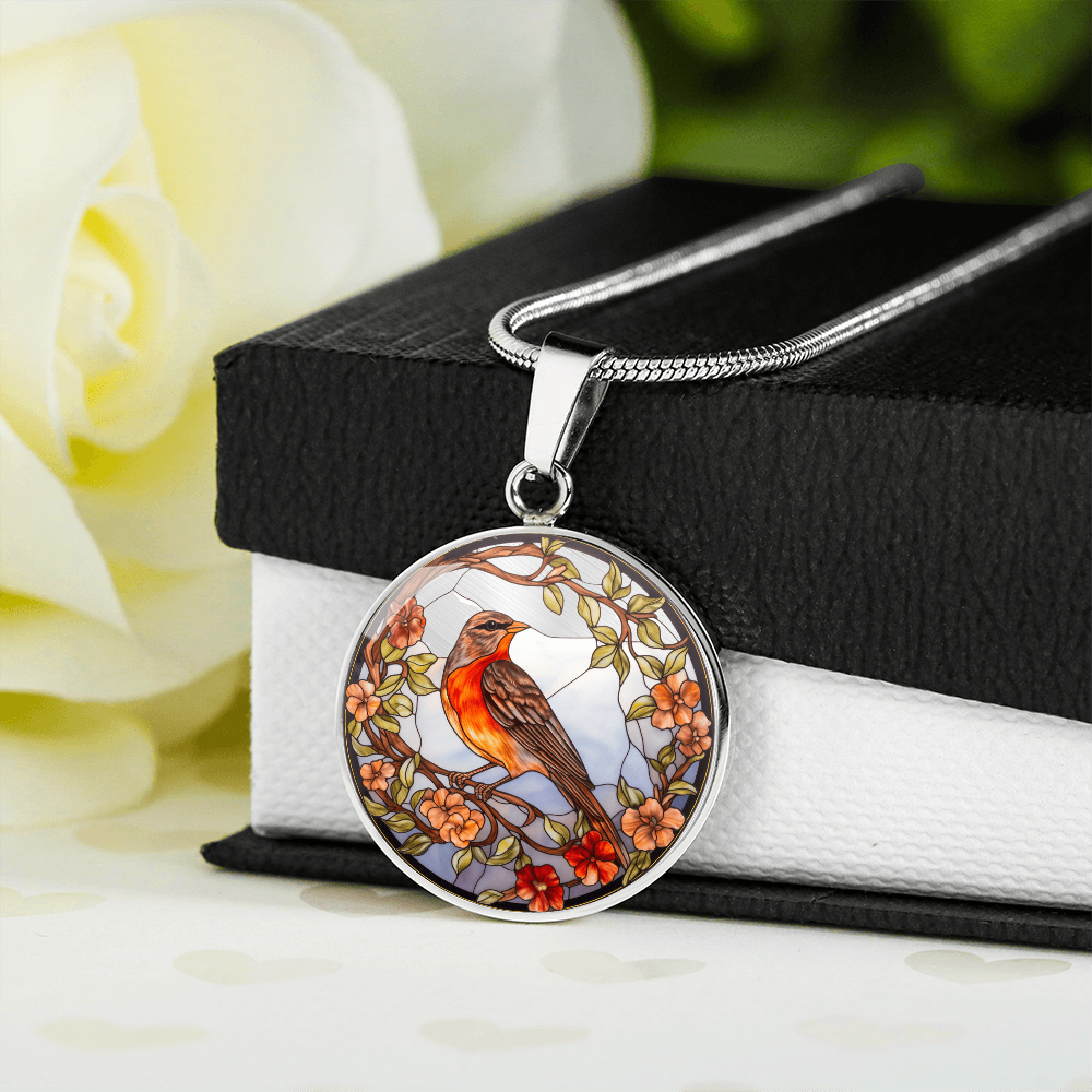Stained Glass Robin Necklace – Orange-Breasted Bird Pendant