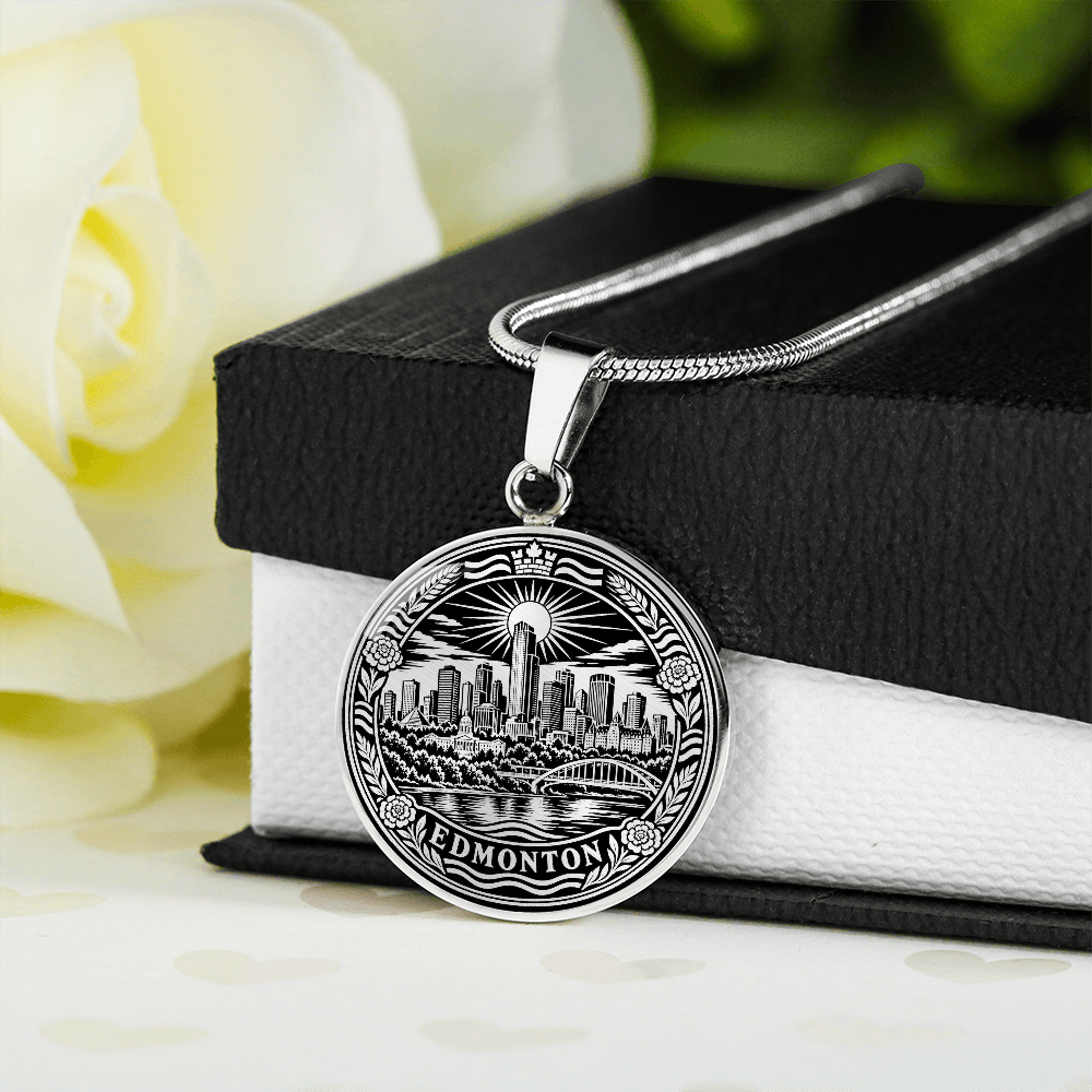 Silver Edmonton skyline necklace featuring downtown buildings, North Saskatchewan River bridge, radiant sun and floral border