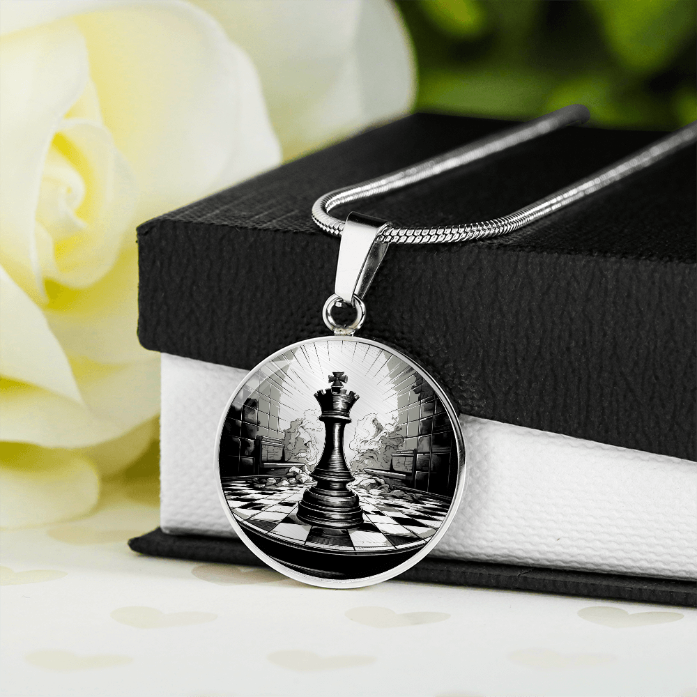 Chess King Necklace featuring black-and-white king chess piece artwork on a circular pendant, gift for chess players with gift box