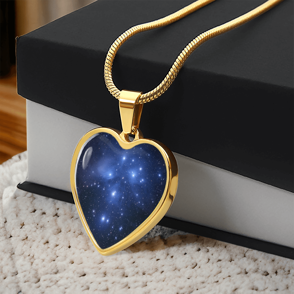 Pleiades Star Cluster Necklace featuring Seven Sisters astronomy-inspired artwork on a heart-shaped pendant with gift box