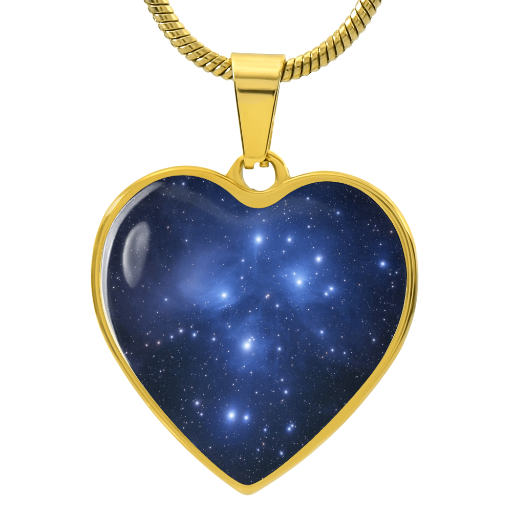 gold Pleiades Star Cluster Necklace featuring Seven Sisters astronomy-inspired artwork on a heart-shaped pendant.