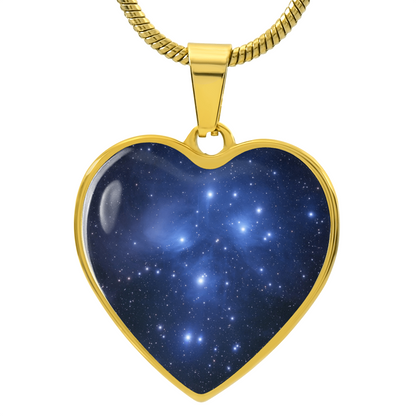 gold Pleiades Star Cluster Necklace featuring Seven Sisters astronomy-inspired artwork on a heart-shaped pendant.