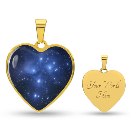 Pleiades Star Cluster Necklace featuring Seven Sisters astronomy-inspired artwork on a heart-shaped pendant gold, engraving