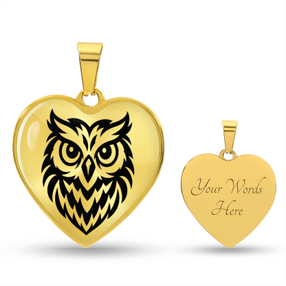 Owl heart necklace showing optional back engraving