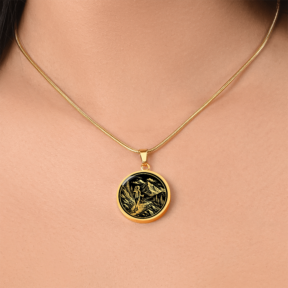 Woman Hiking Necklace – Linocut Mountain Adventure Pendant