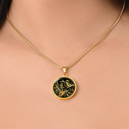 Woman Hiking Necklace – Linocut Mountain Adventure Pendant