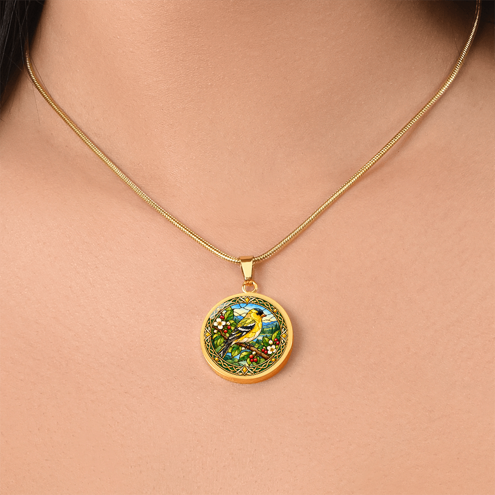 Finch bird jewellery necklace worn around the neck