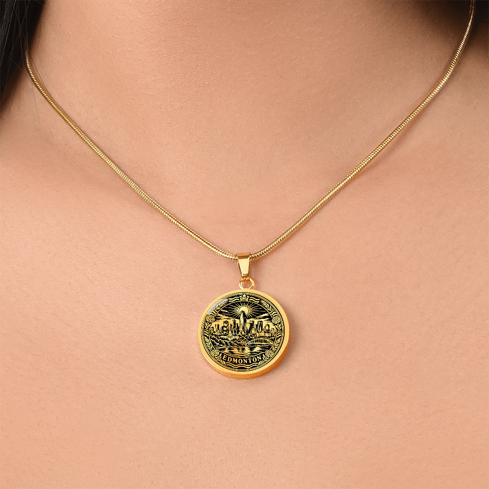 woman wearing a Gold plated Edmonton skyline necklace featuring downtown buildings, North Saskatchewan River bridge, radiant sun and floral border