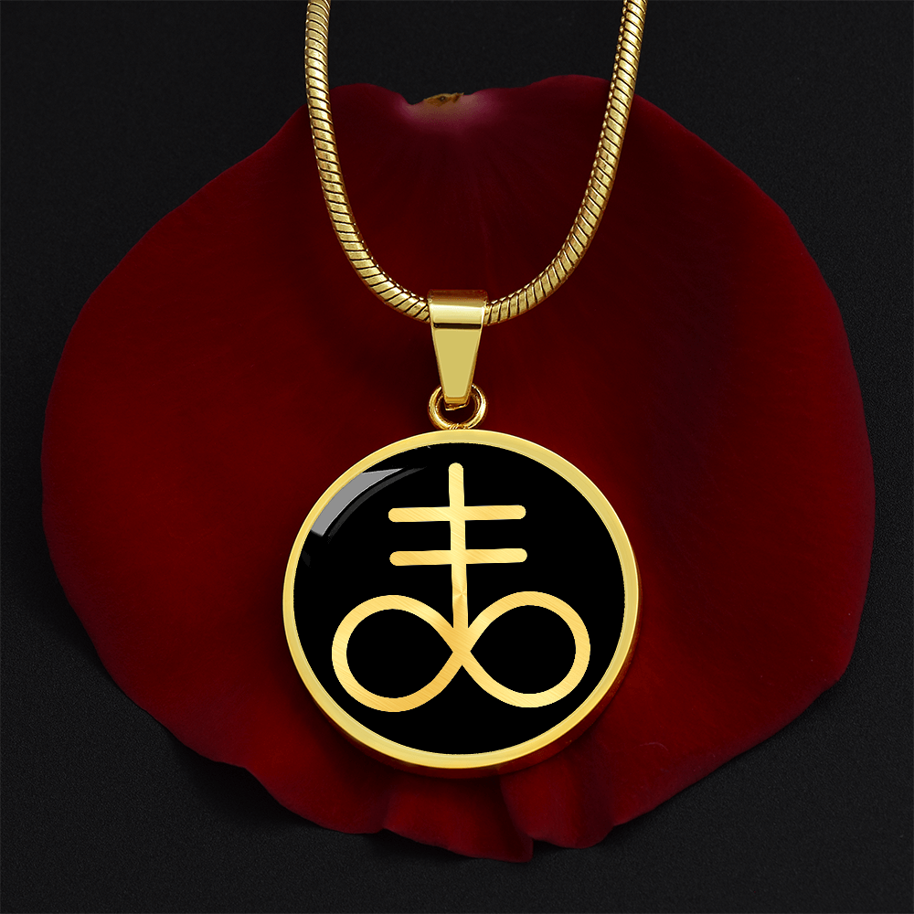 Gold Brimstone necklace featuring the Leviathan Cross symbol on a circular pendant, gothic and alchemy-inspired jewelry.