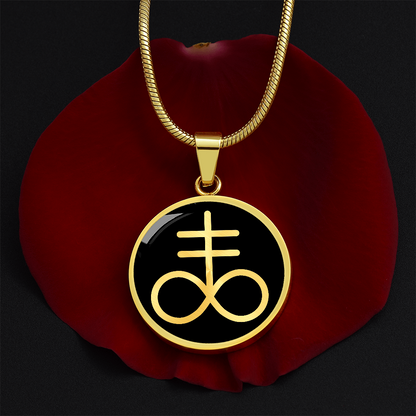 Gold Brimstone necklace featuring the Leviathan Cross symbol on a circular pendant, gothic and alchemy-inspired jewelry.