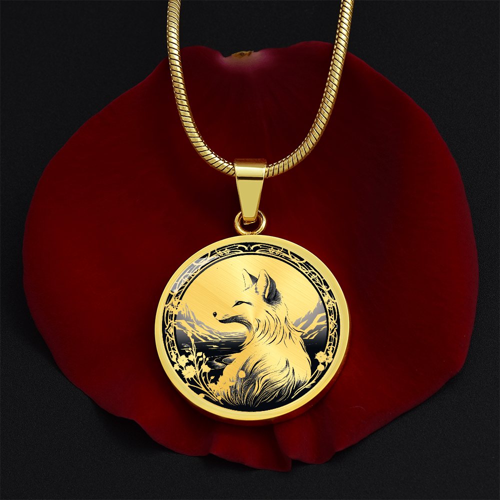 Monochrome Fox Necklace – Mountain & Floral Pendant