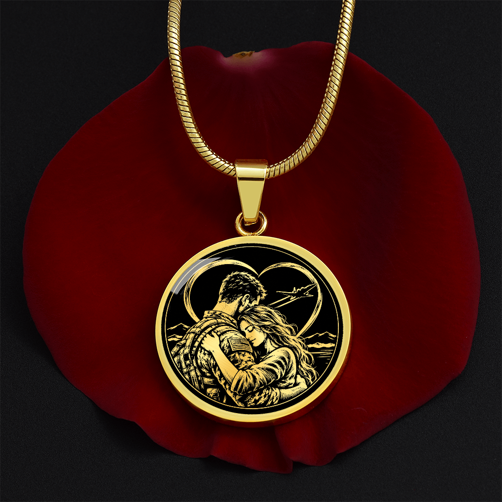 Gold finish military couple necklace worn around the neck over a black top, with a small circular romantic pendant.