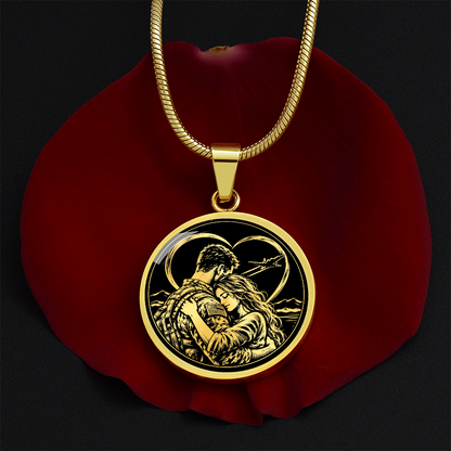 Gold finish military couple necklace worn around the neck over a black top, with a small circular romantic pendant.