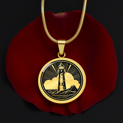Lighthouse necklace featuring nautical lighthouse artwork on a circular pendant, a meaningful coastal jewelry gift.