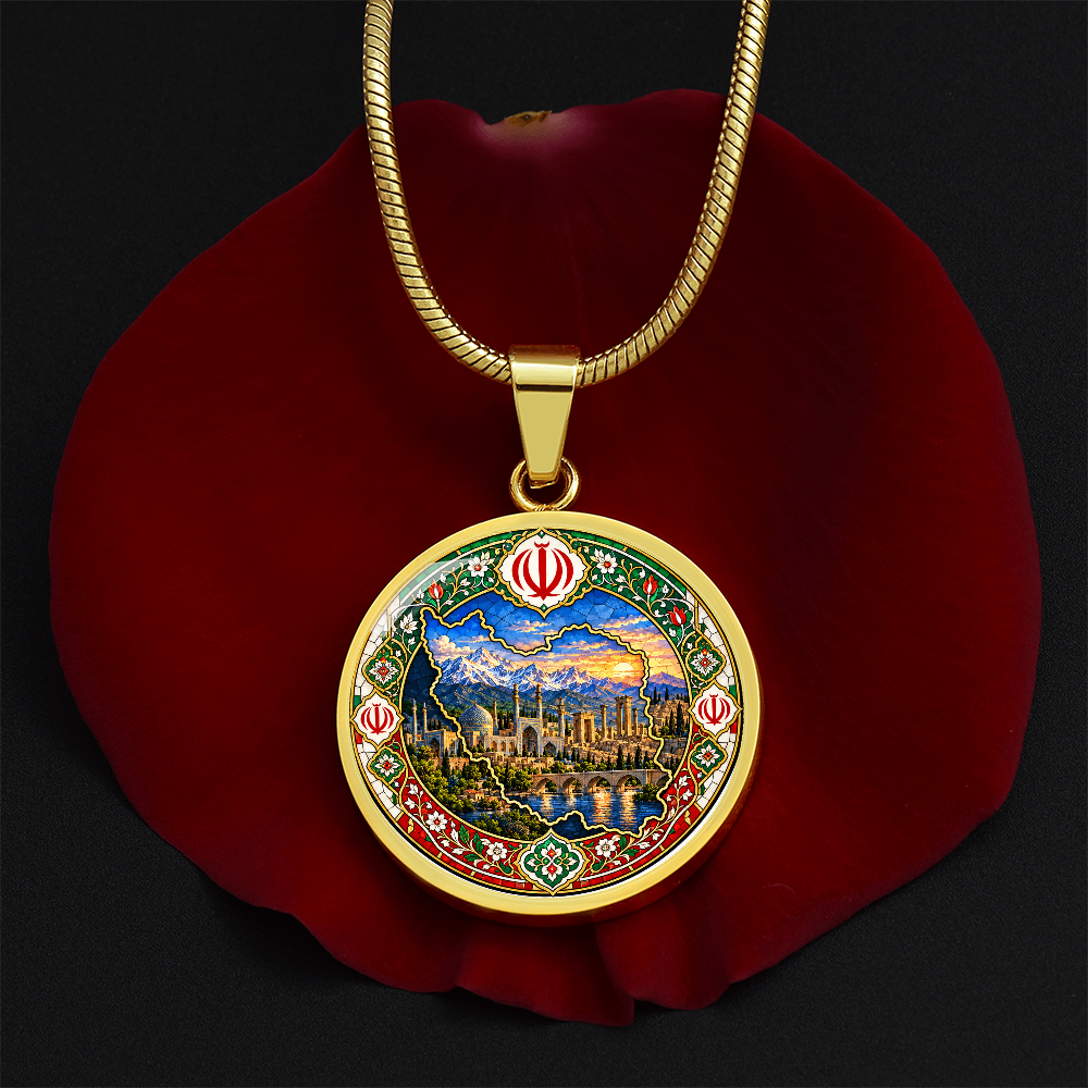 Gold finish Iran map pendant with blue mountain landscape, green red Persian tile ornament and Iranian national emblem