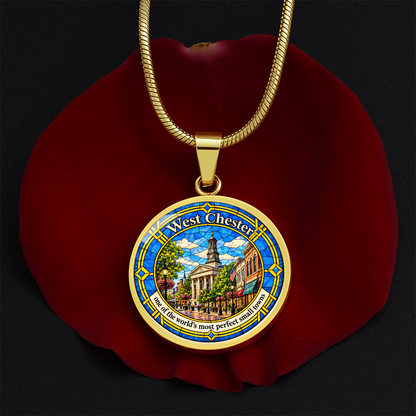 Gold West Chester Pennsylvania necklace with blue and gold stained-glass artwork, Chester County Courthouse clock tower and historic downtown buildings on a rose petal mockup.