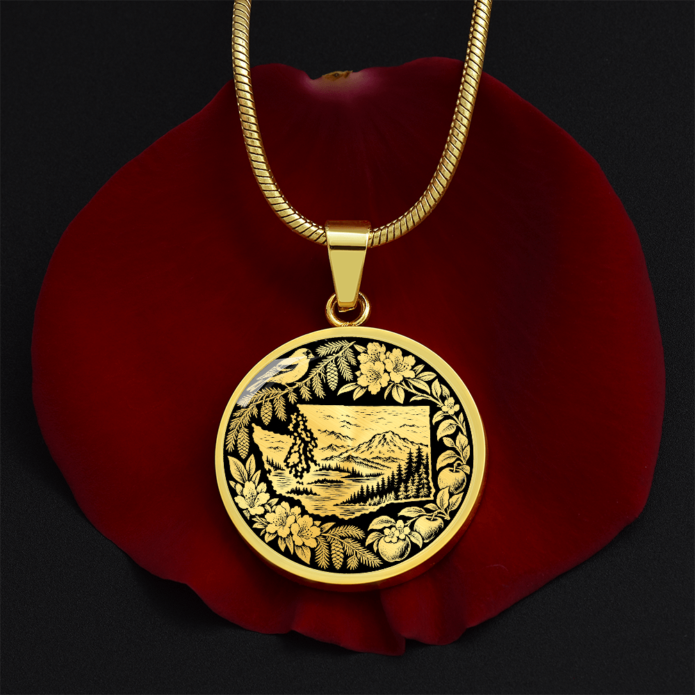 Gold finish Washington State necklace with mountain forest landscape, bird, rhododendron-inspired flowers and intricate botanical border
