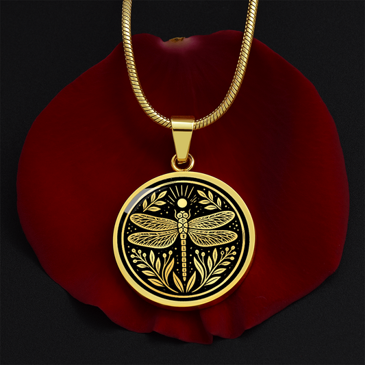 Dragonfly necklace with linocut-style artwork showing four patterned wings, botanical leaves and sun rays on a black circular pendant.