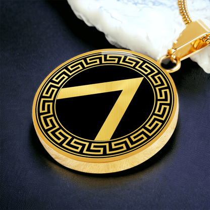 Spartan shield necklace featuring ancient Greek warrior shield artwork on a circular pendant.