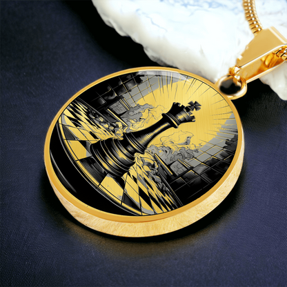 Gold plated Chess King Necklace featuring black-and-white king chess piece artwork on a circular pendant, gift for chess players.