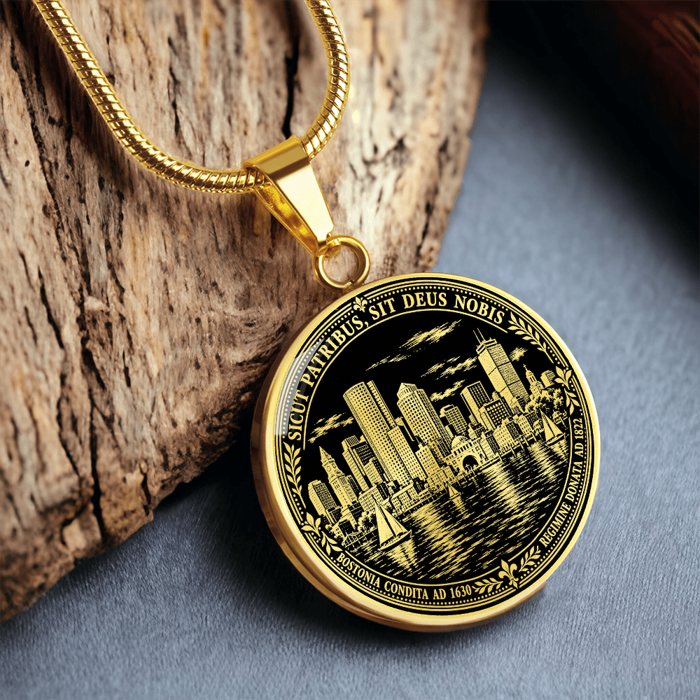 Gold finish Boston Harbor pendant necklace featuring black and gold city skyline, sailboats and historic Boston seal-inspired artwork