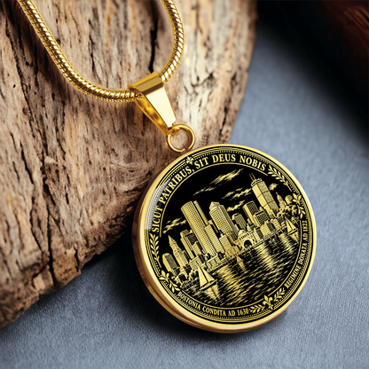 Gold finish Boston Harbor pendant necklace featuring black and gold city skyline, sailboats and historic Boston seal-inspired artwork