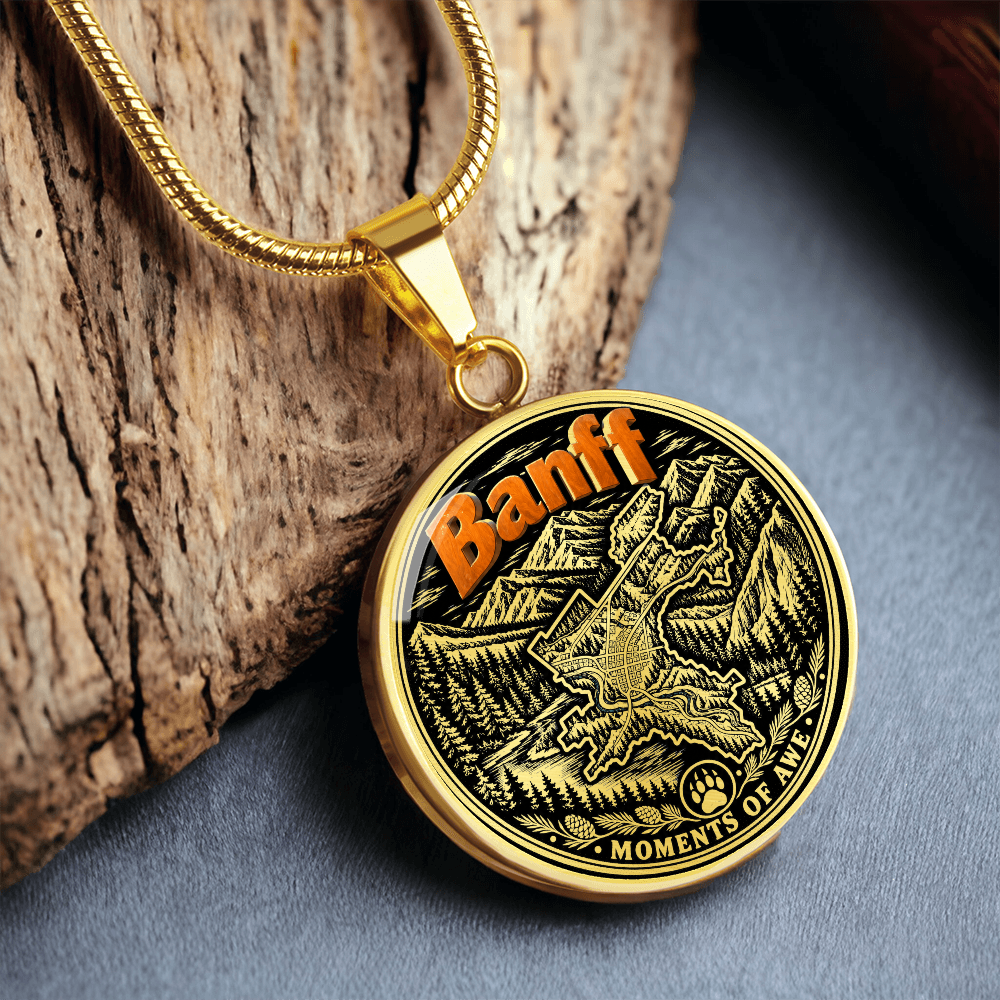 Gold finish Banff mountain necklace featuring orange Banff lettering, Canadian Rockies forest and mountain illustration, paw-print motif and Moments of Awe wording