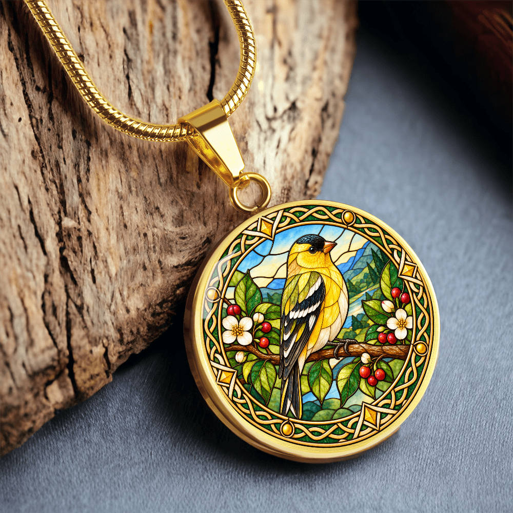 Close-up of circular finch bird pendant necklace
