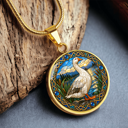 Goose necklace with colorful stained-glass-inspired bird pendant