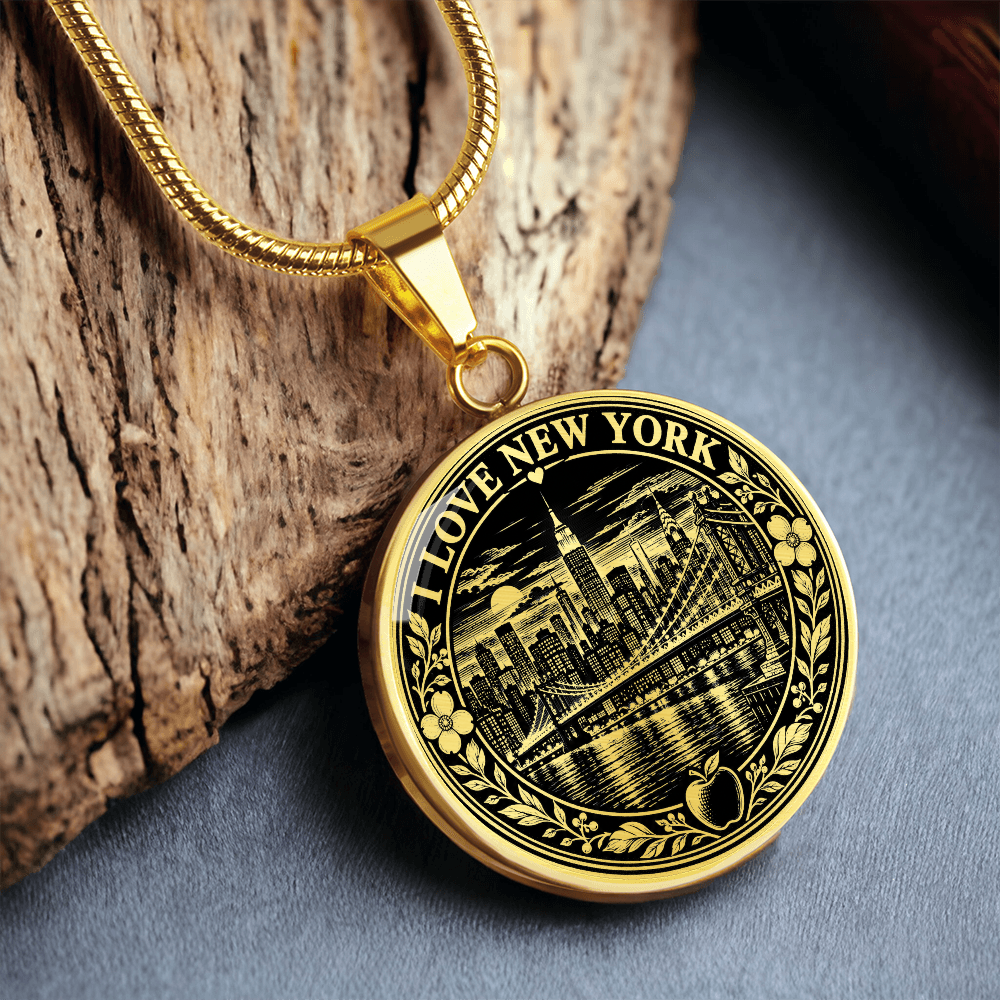 Gold finish New York City linocut necklace featuring vintage Manhattan skyscrapers, Brooklyn Bridge and decorative apple artwork