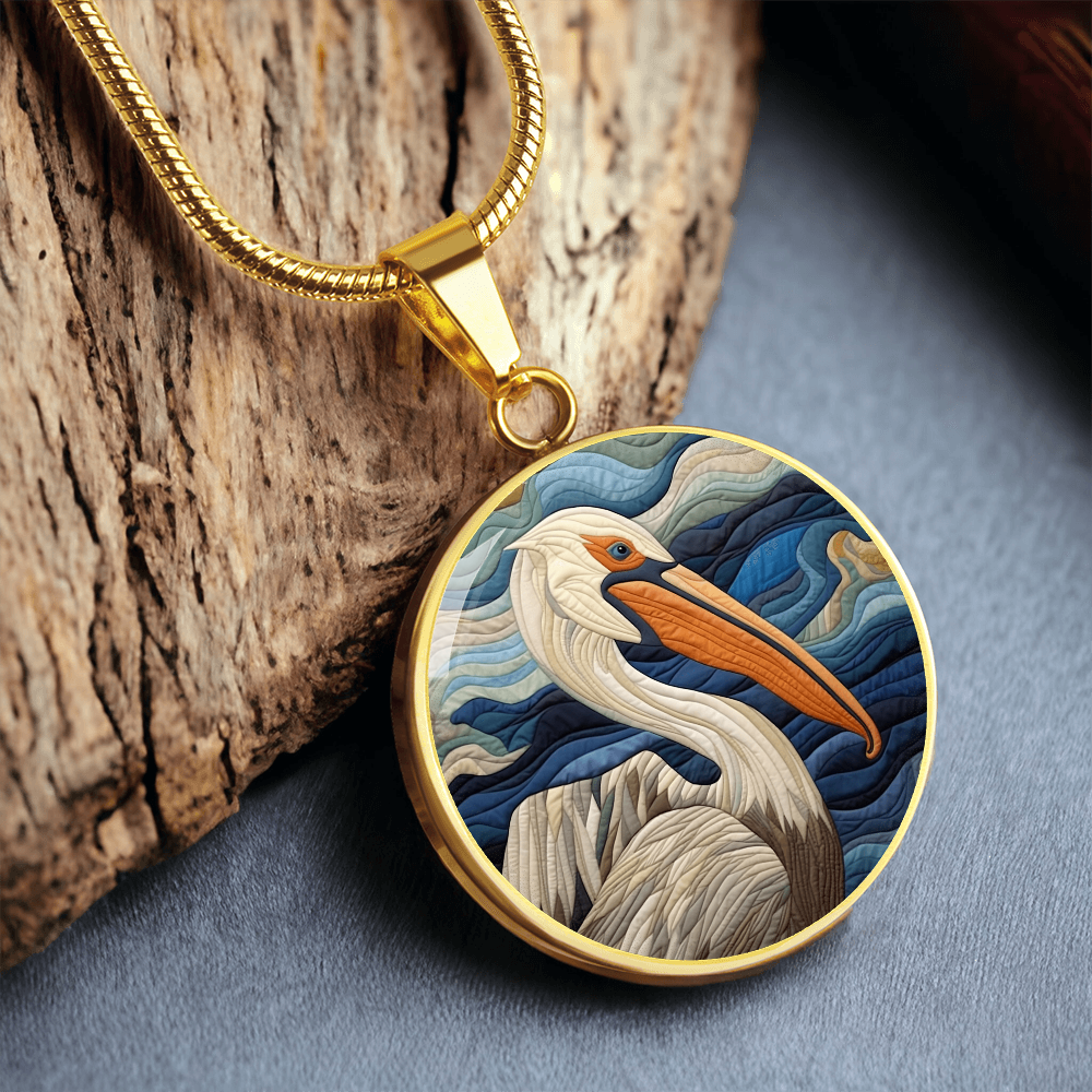 Pelican Quilt Art Necklace – Coastal Bird Pendant Jewelry
