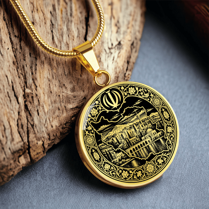 Close-up Iran map pendant showing the outline of Iran, national emblem and intricate Persian-inspired decorative illustration