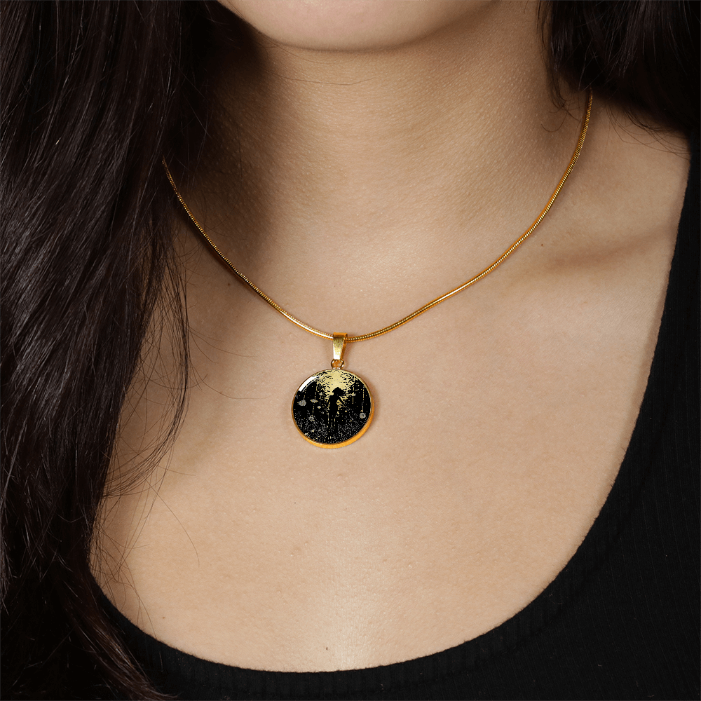 gold Scuba diving necklace featuring female diver artwork on a circular pendant, a jewelry gift for women who love diving.
