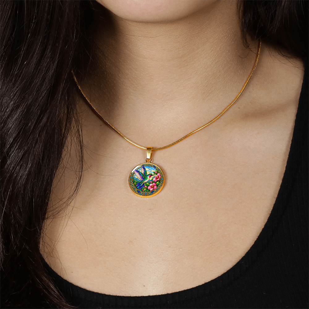 Hummingbird bird pendant necklace worn around the neck