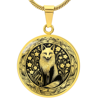 Gold finish woodland fox necklace featuring intricate black-and-white fox artwork on a circular pendant.