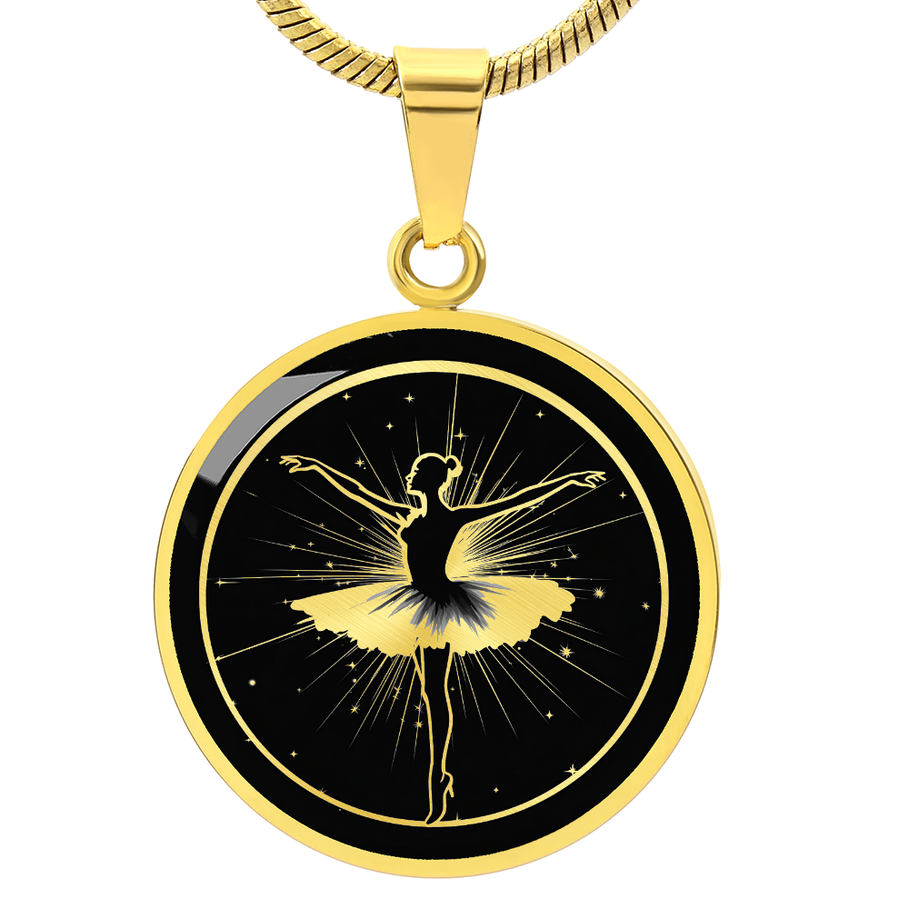 Gold Ballerina necklace featuring graceful ballet dancer artwork on a circular pendant, a thoughtful jewelry gift for dancers.