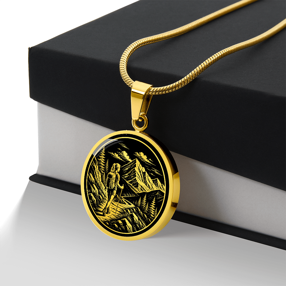 Woman Hiking Necklace – Linocut Mountain Adventure Pendant