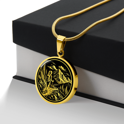 Woman Hiking Necklace – Linocut Mountain Adventure Pendant