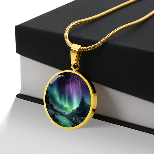 Northern Lights necklace featuring Aurora Borealis artwork on a circular pendant, a celestial jewelry gift for nature lovers.