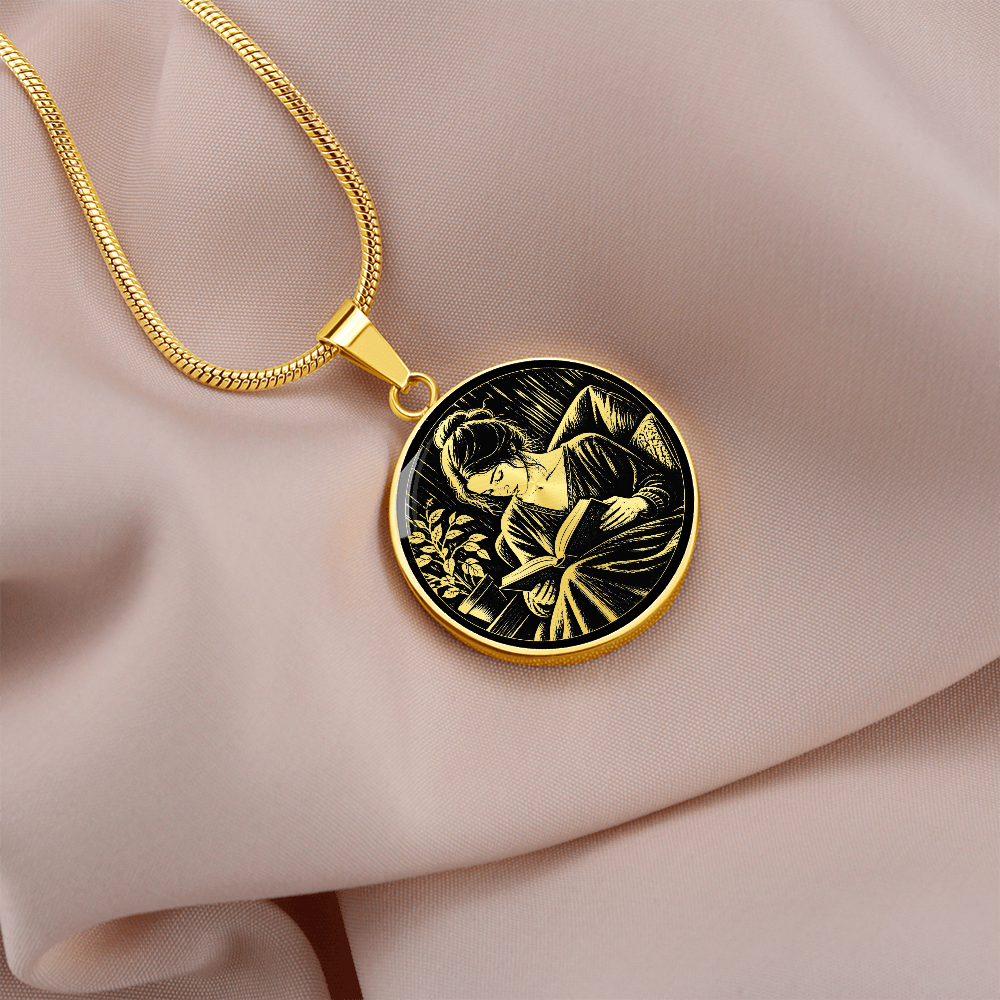 Woman Reading Necklace – Linocut Book Lover Pendant