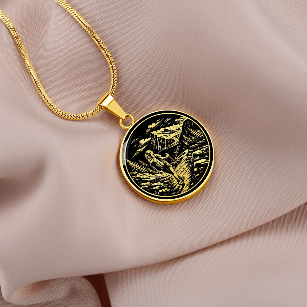 Woman Hiking Necklace – Linocut Mountain Adventure Pendant